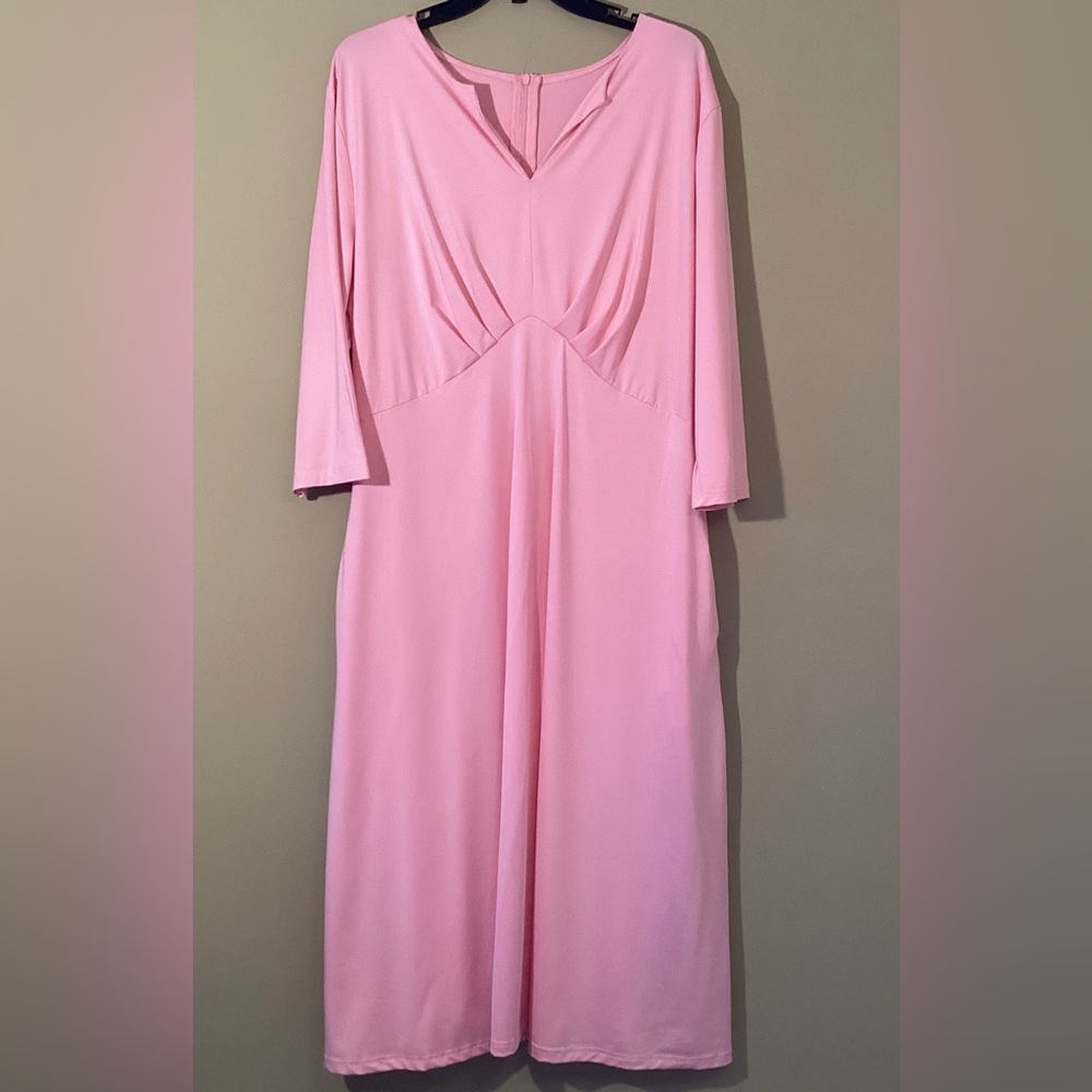 Vintage Pink Gathered MIDI Dress with 3/4 Sleeves 2X